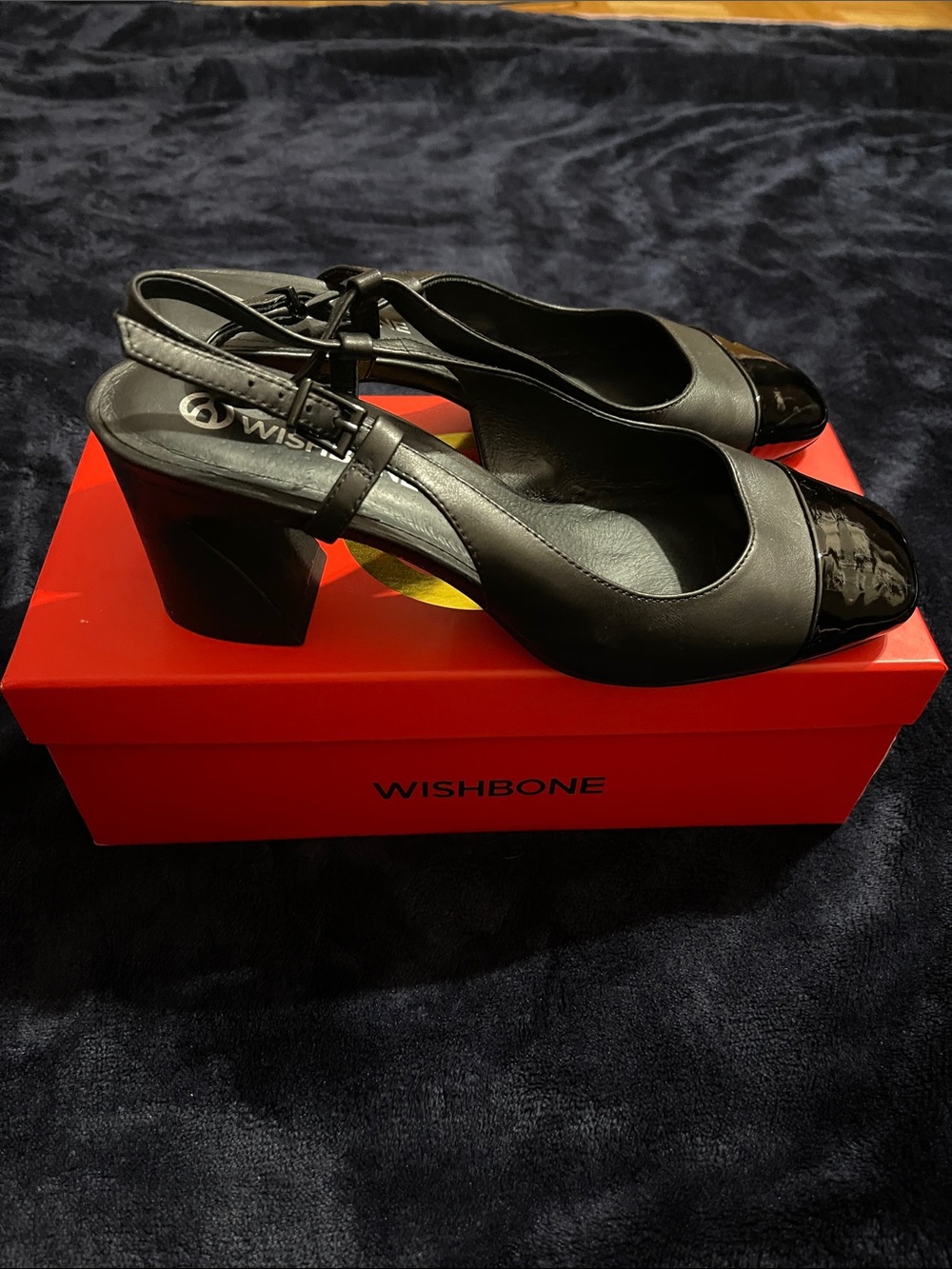 Wishbone Black Slingback Block Heel Pumps with Patent Toe
